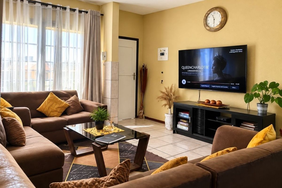 A comfortable living room featuring tiled flooring, neutral wall tones, and a large window that allows for ample natural light.
