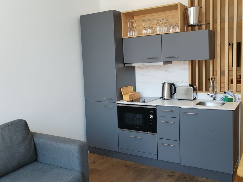 Compact open-plan kitchenette featuring modern grey cabinetry, integrated appliances, and a stylish timber slat divider, set against hardwood flooring.