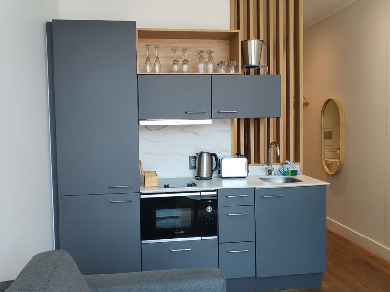 Compact modern kitchenette featuring matte grey cabinetry, integrated oven, electric cooktop, stainless steel sink, and a decorative timber slat feature wall.
