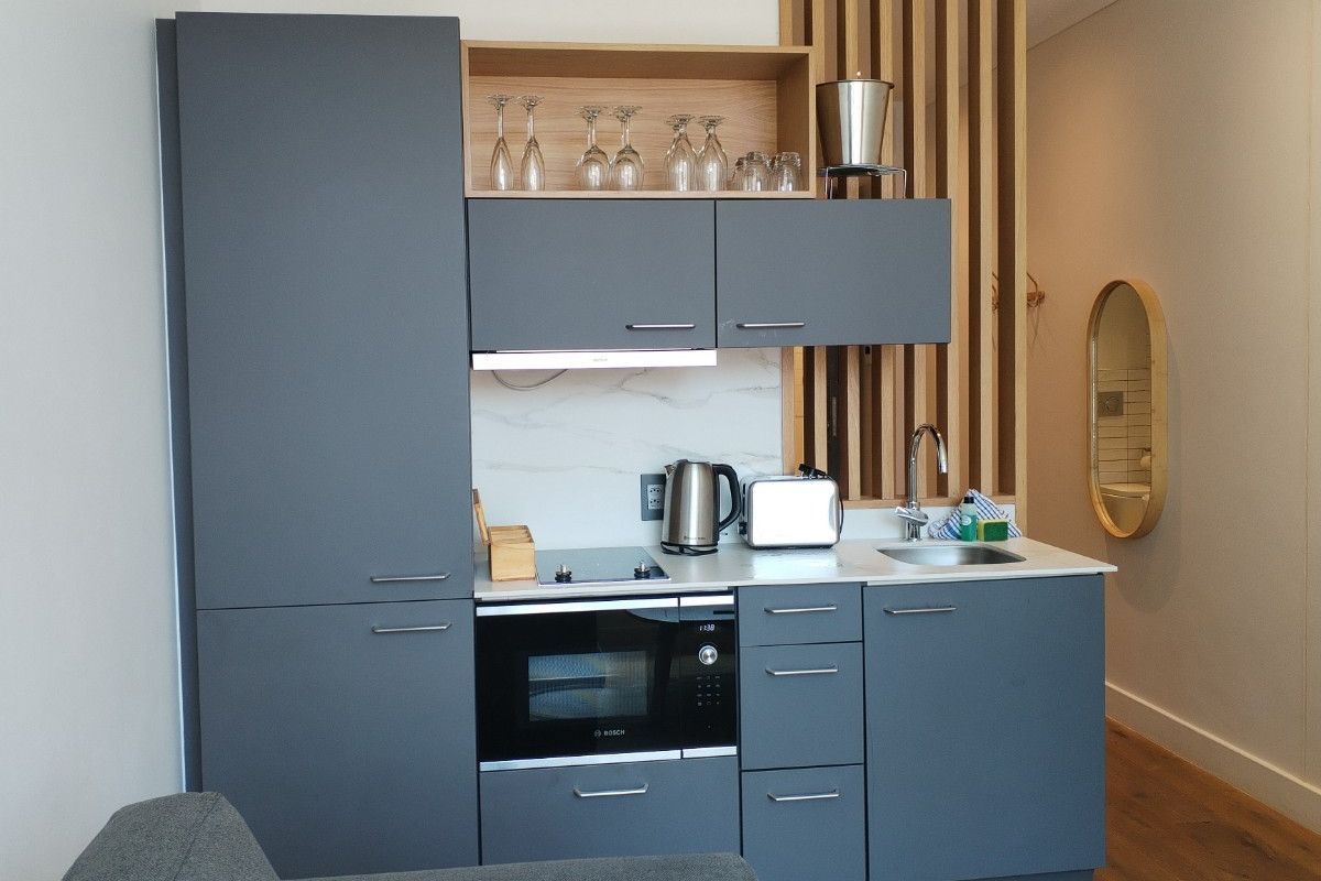 Compact modern kitchenette featuring matte grey cabinetry, integrated oven, electric cooktop, stainless steel sink, and a decorative timber slat feature wall.
