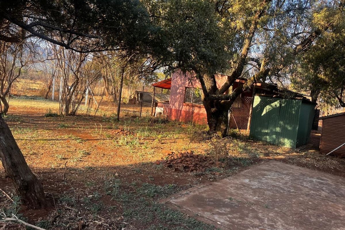 A view of the rear yard featuring a concrete slab, a metal storage shed, and mature trees on a residential plot.