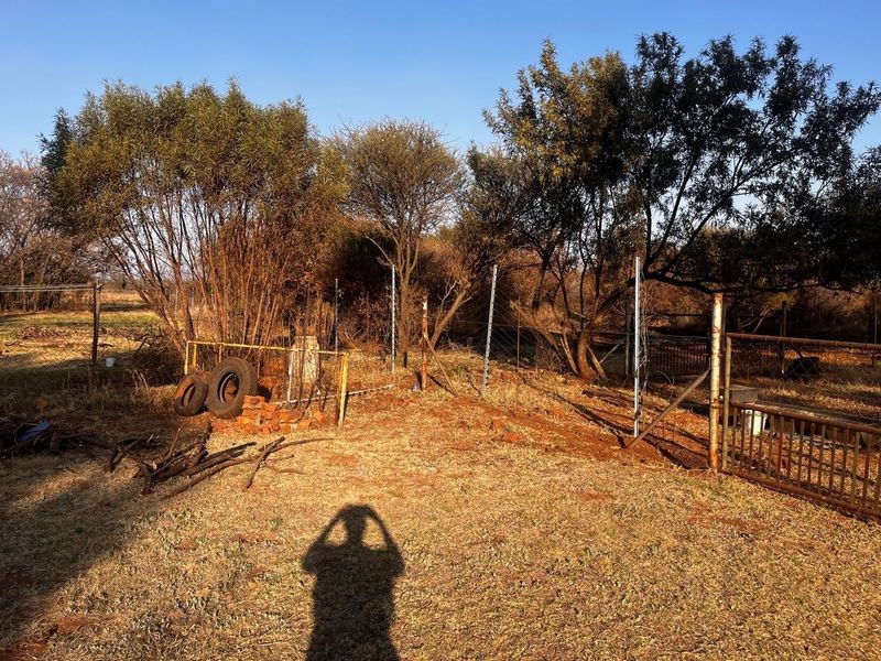 A view of a residential plot featuring mature trees, wire fencing, and a metal gate, showing signs of neglect and overgrowth.