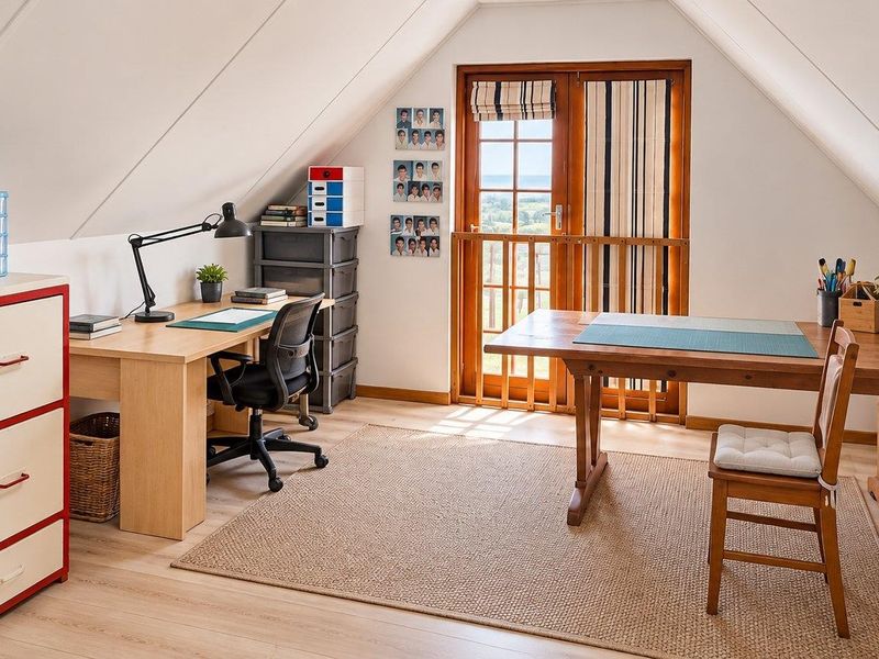 A bright attic office space featuring sloped ceilings, laminate flooring, and a timber-framed door leading to a small balcony.