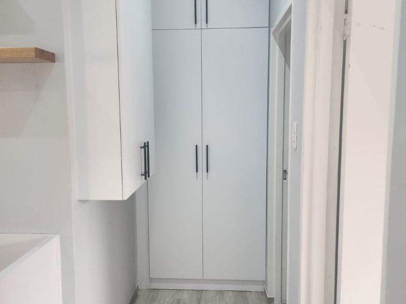 A clean, modern hallway featuring floor-to-ceiling built-in cabinetry, light-toned laminate flooring, and neutral wall finishes.