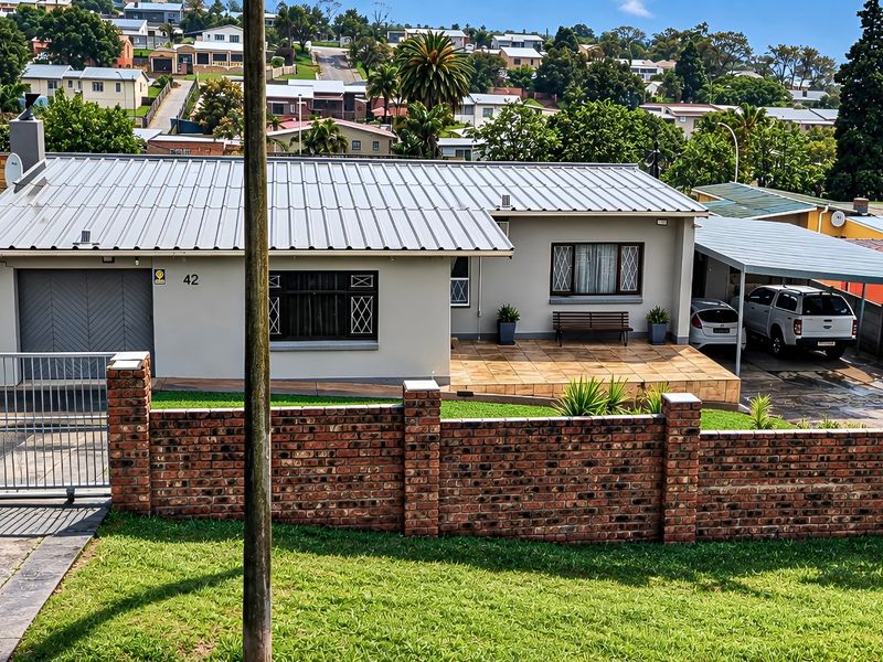 Front view of a well-maintained single-story house featuring a metal roof, tiled patio, brick boundary wall, and a convenient carport.