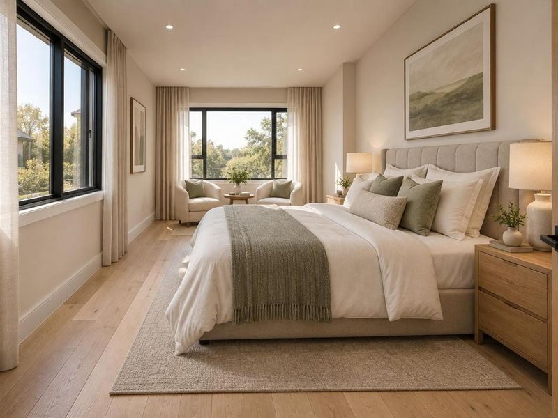 A bright and spacious bedroom featuring high-quality hardwood flooring, recessed lighting, and large black-framed windows that provide ample natural light.