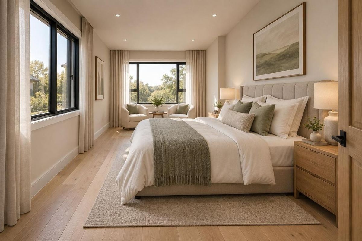 A bright and spacious bedroom featuring high-quality hardwood flooring, recessed lighting, and large black-framed windows that provide ample natural light.