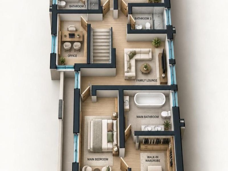 A detailed 3D floor plan concept for the first floor, showcasing the layout of three bedrooms, three bathrooms, a family lounge, office, and walk-in wardrobe.