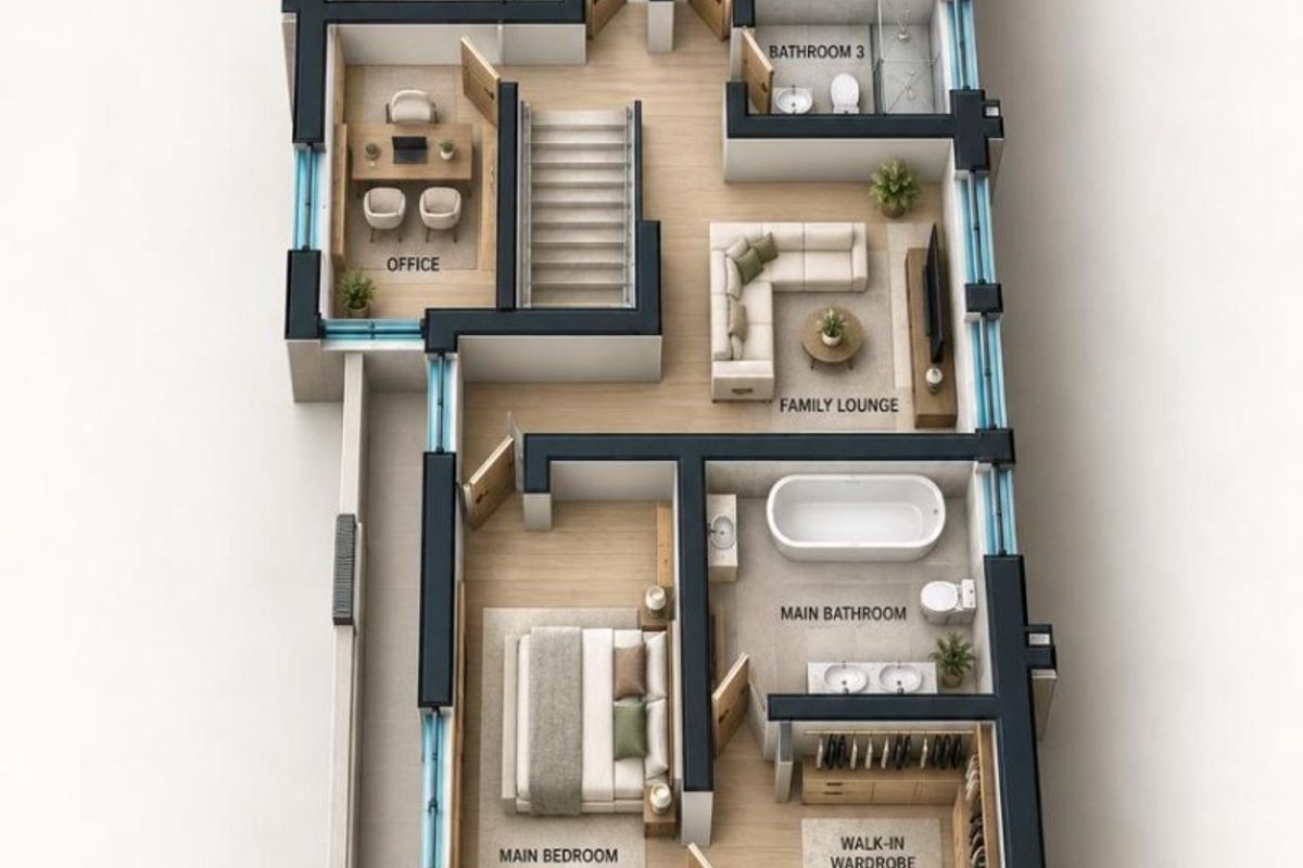A detailed 3D floor plan concept for the first floor, showcasing the layout of three bedrooms, three bathrooms, a family lounge, office, and walk-in wardrobe.
