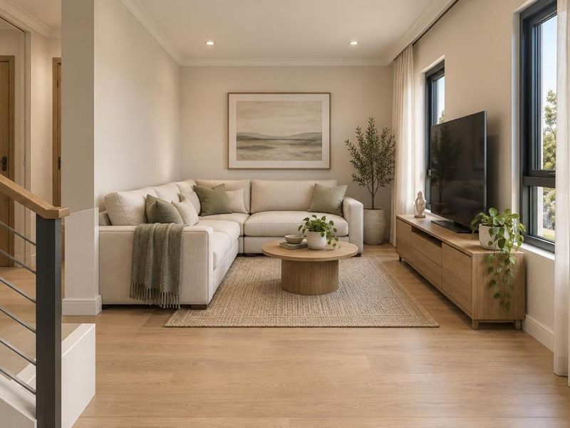A bright and modern living room featuring timber flooring, recessed downlights, and a staircase with a contemporary metal balustrade.