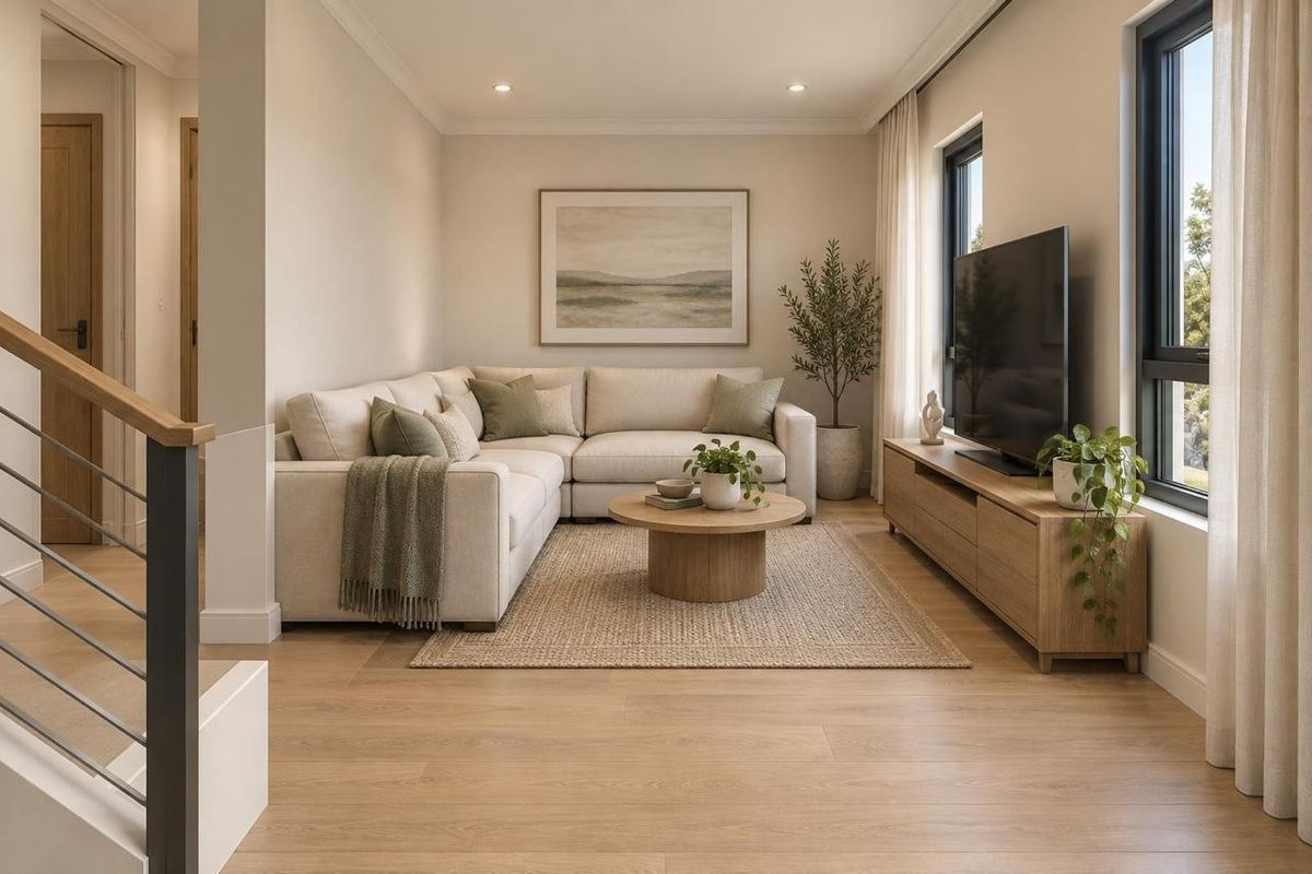 A bright and modern living room featuring timber flooring, recessed downlights, and a staircase with a contemporary metal balustrade.