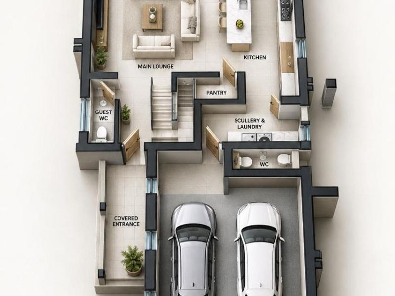 A detailed 3D floor plan of the ground floor, featuring an open-plan kitchen, lounge, dining area, double garage, and utility spaces.