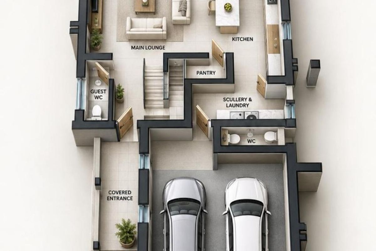A detailed 3D floor plan of the ground floor, featuring an open-plan kitchen, lounge, dining area, double garage, and utility spaces.