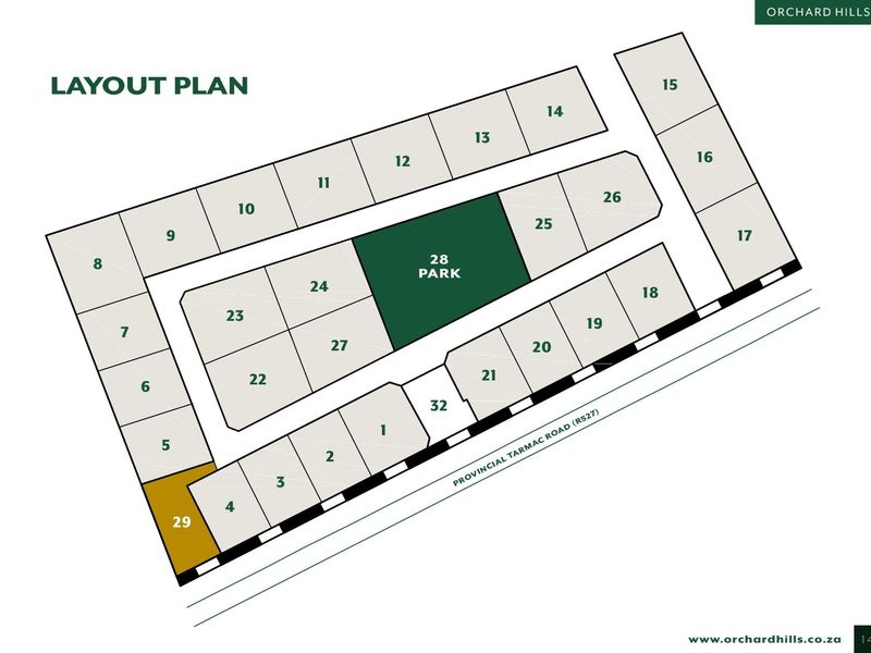 A site layout plan for the Orchard Hills development, showing numbered plots and a central park area.