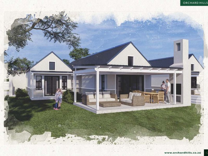 Architectural rendering of a rear exterior view featuring a covered patio with a built-in braai and modern pitched roof design.