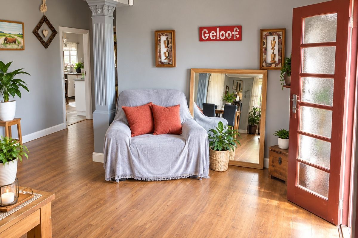 A bright living area featuring warm-toned laminate flooring, a decorative architectural column, and a classic timber-framed glass entrance door.
