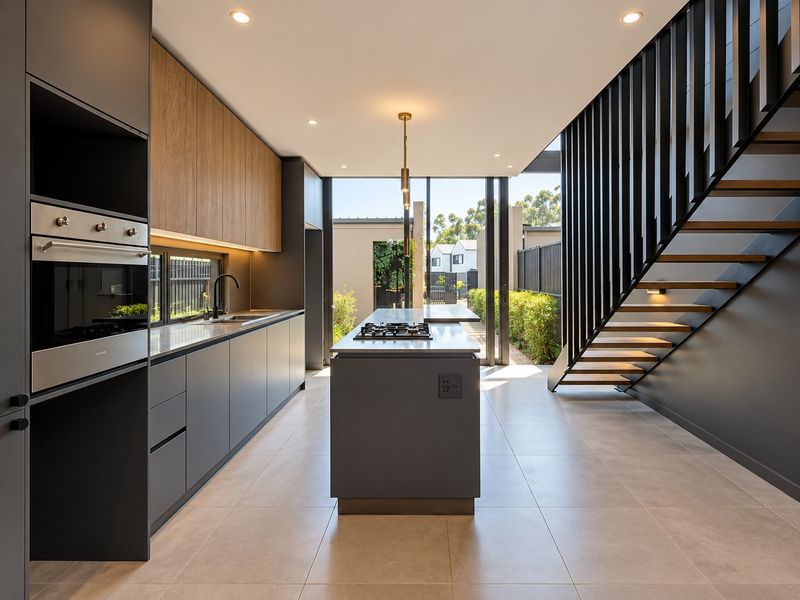 Modern kitchen featuring sleek dark cabinetry, wood-tone accents, a central island with gas cooktop, and an adjacent staircase, opening to a private outdoor area.