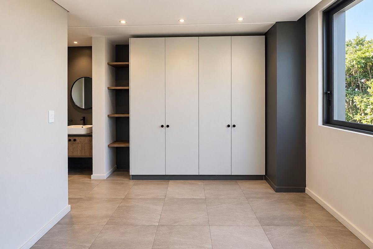 A modern, spacious bedroom featuring neutral tiled flooring, ample built-in cupboard space, recessed shelving, and an integrated en-suite bathroom.