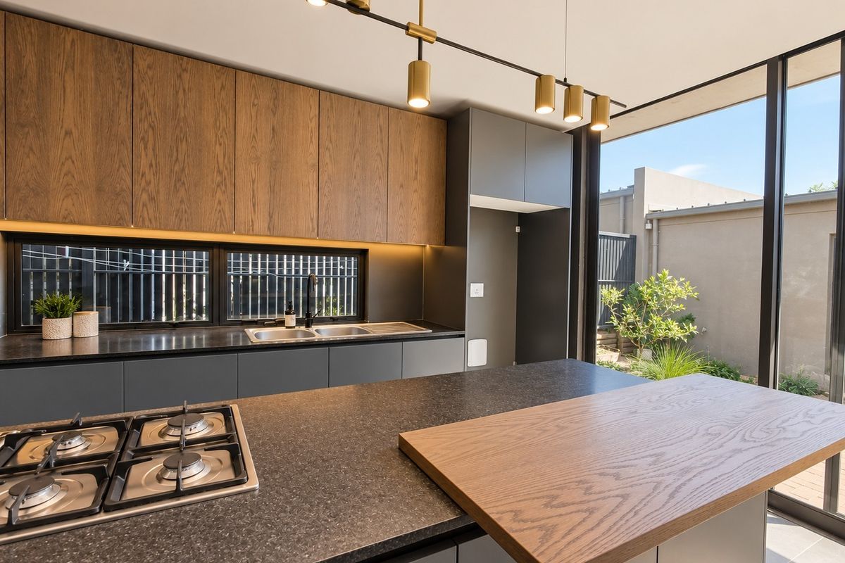 Modern kitchen featuring dark cabinetry, stone countertops, integrated gas cooktop, and large sliding glass doors opening to an outdoor area.