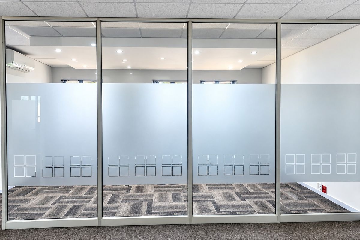 Modern office space featuring a glass partition wall with frosted privacy film, carpeted flooring, and recessed ceiling lighting.
