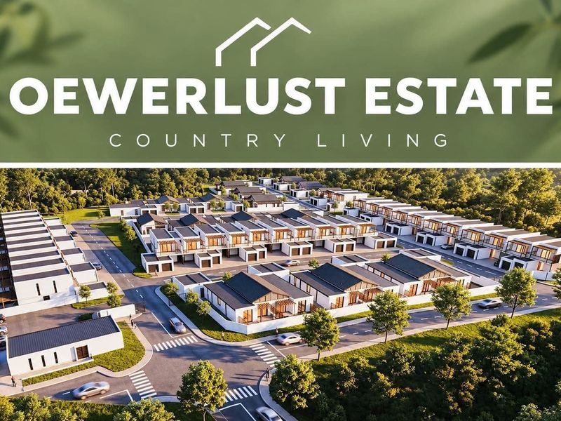 An aerial perspective of the Oewerlust Estate, showcasing the planned residential development, internal road network, and surrounding landscaped environment.