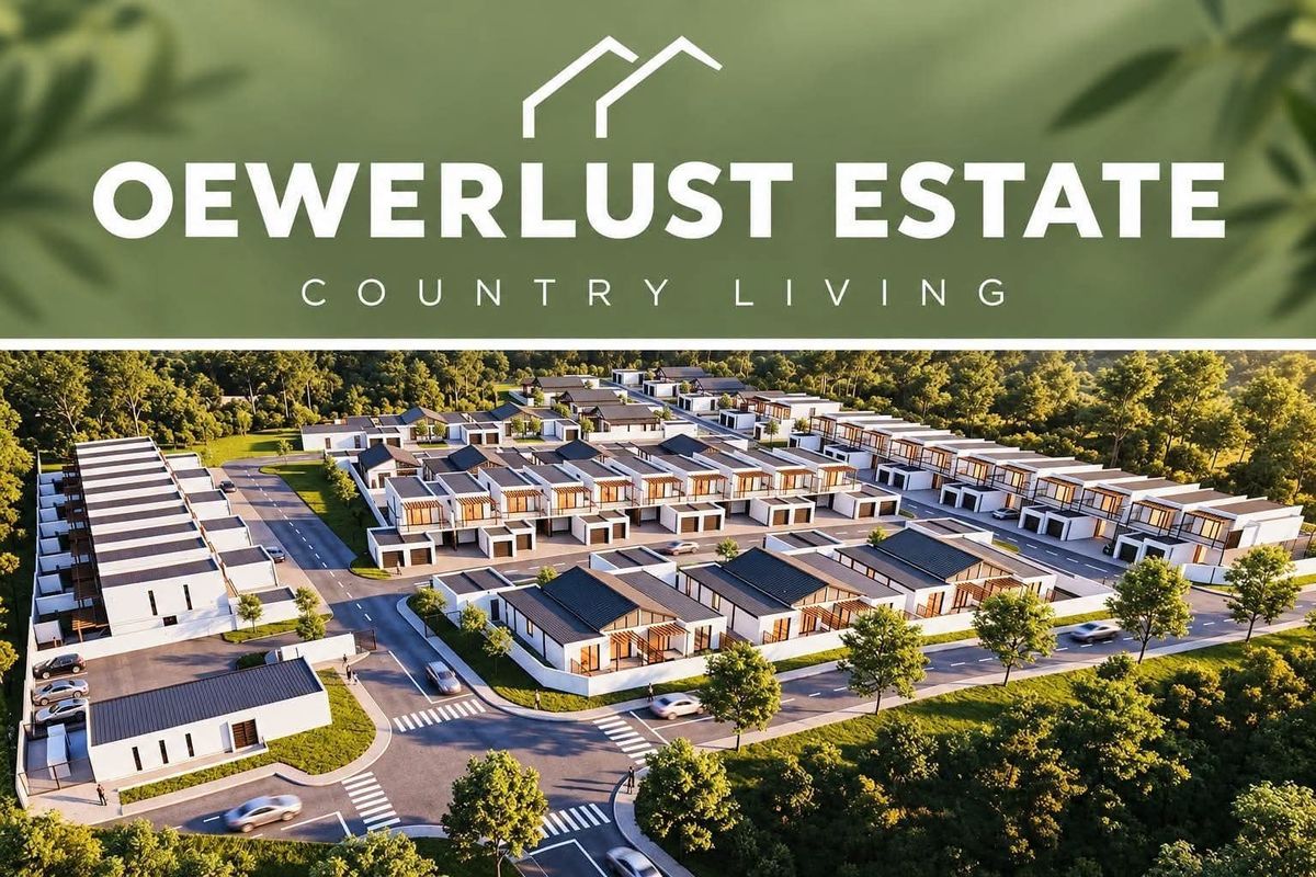 An aerial perspective of the Oewerlust Estate, showcasing the planned residential development, internal road network, and surrounding landscaped environment.