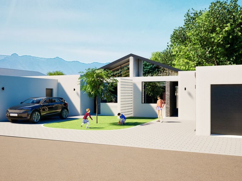 Modern architectural front elevation featuring a paved driveway, double garage, and clean minimalist facade design.