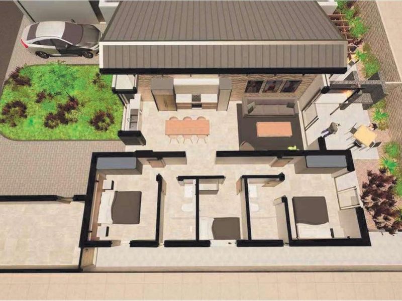 A 3D architectural floor plan showing the layout of a modern house, including the kitchen, living area, bedrooms, and outdoor patio space.
