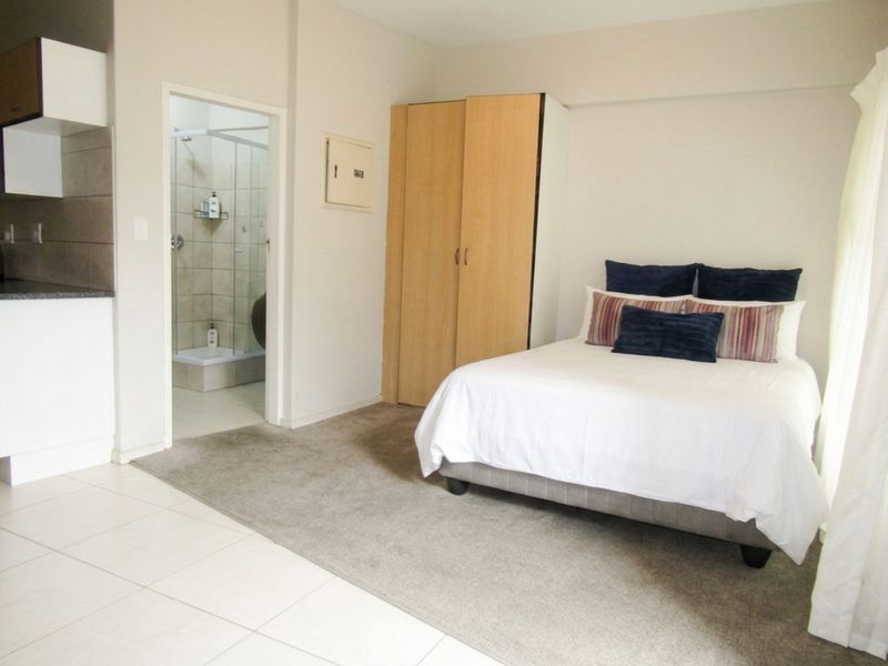 Open-plan studio apartment featuring a combined living and sleeping area, built-in wardrobe, and an adjoining en-suite bathroom with a shower.