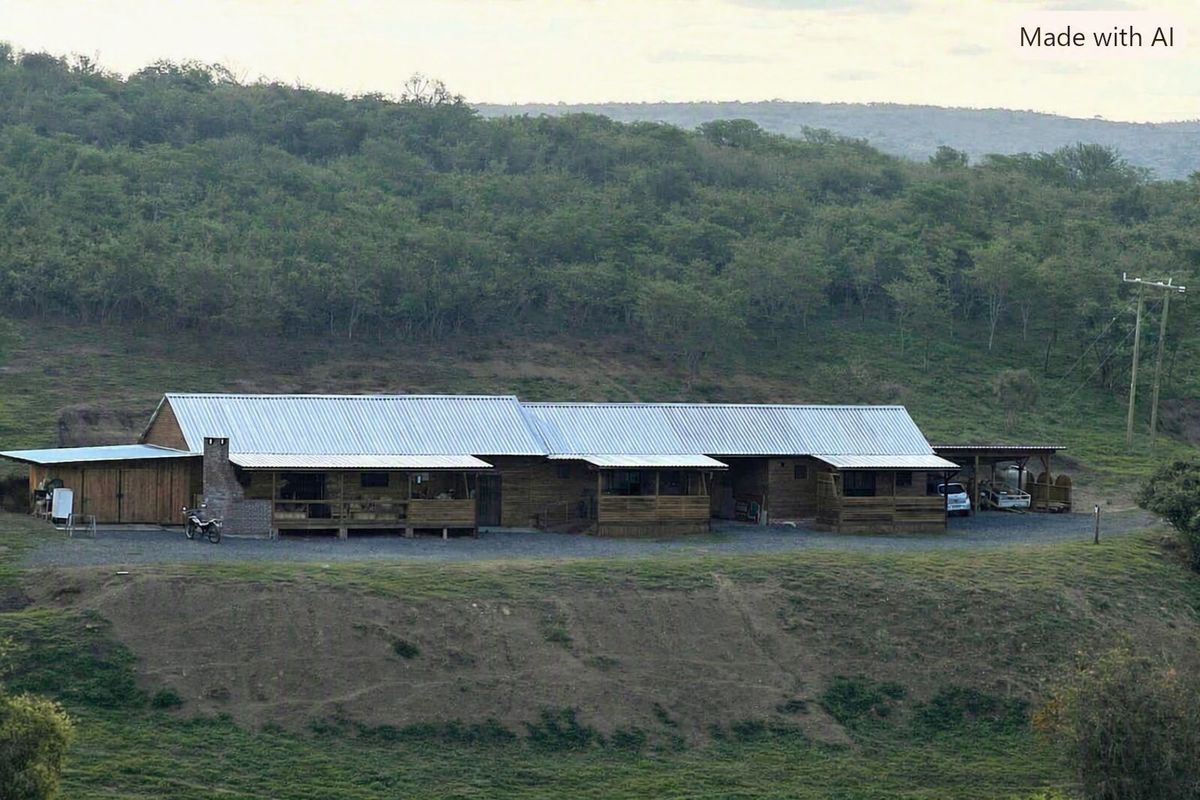 A wide-angle view of a rustic timber-clad farm building featuring a corrugated metal roof, covered verandas, and a brick chimney set in a rural landscape.