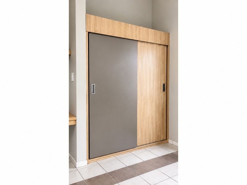 A clean, modern hallway featuring a built-in sliding door cupboard with wood and grey panel finishes and neutral tiled flooring.
