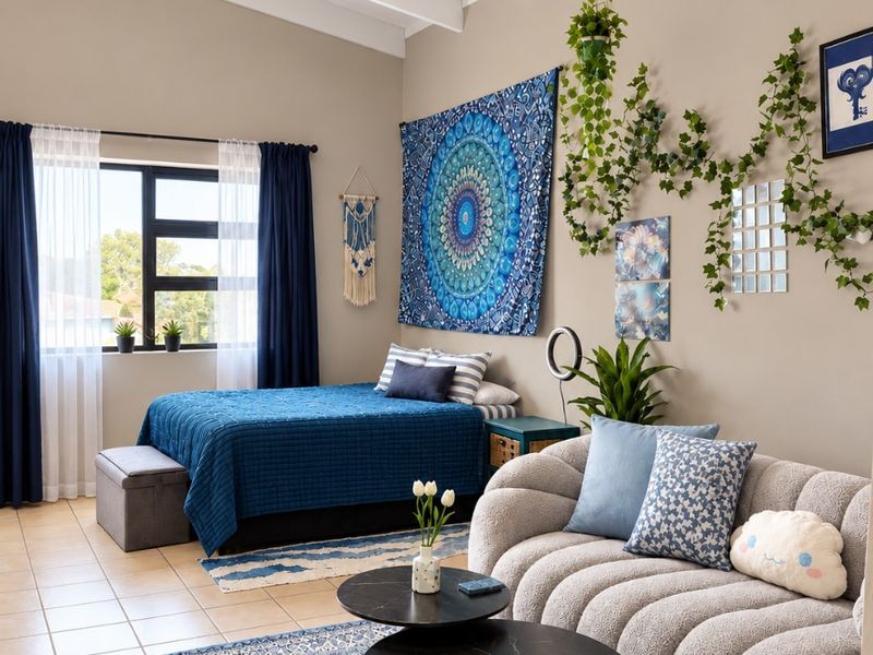 Spacious open-plan living and sleeping area featuring high ceilings with exposed beams, tiled flooring, and large windows providing natural light.