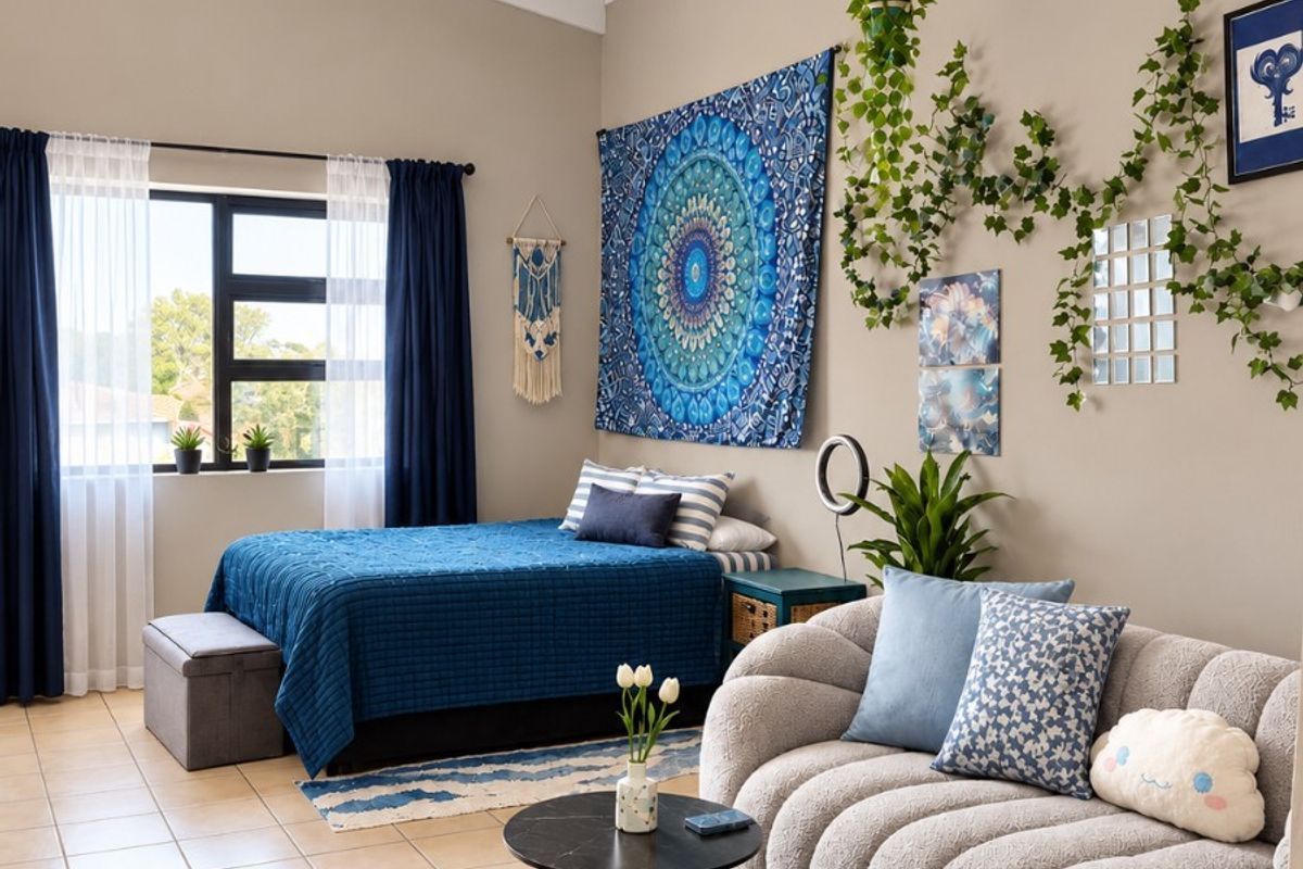Spacious open-plan living and sleeping area featuring high ceilings with exposed beams, tiled flooring, and large windows providing natural light.