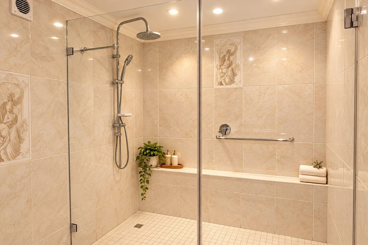 A modern, well-maintained walk-in shower featuring floor-to-ceiling marble-look tiling, a built-in bench, and high-quality chrome shower fixtures.