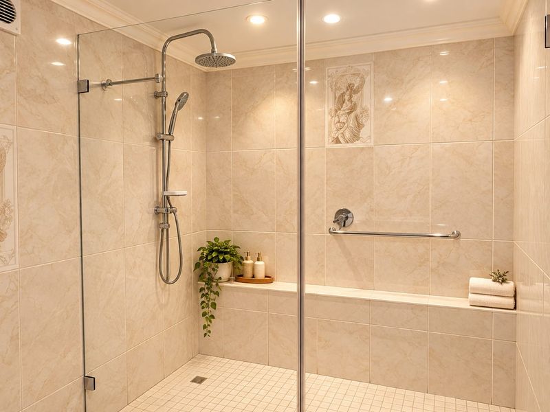 A modern, well-maintained walk-in shower featuring floor-to-ceiling marble-look tiling, a built-in bench, and high-quality chrome shower fixtures.