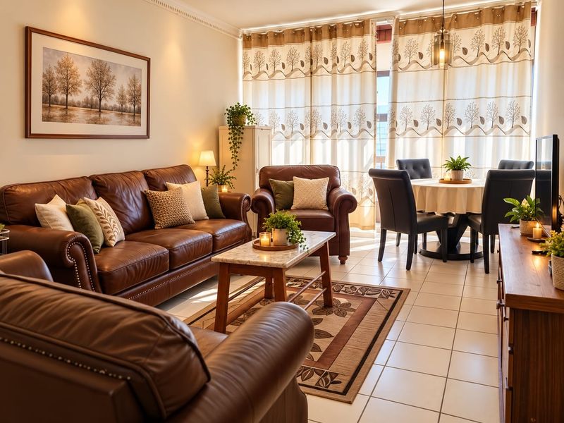 A well-maintained open-plan living and dining area featuring tiled flooring, decorative ceiling cornices, and natural light through large sliding glass doors.