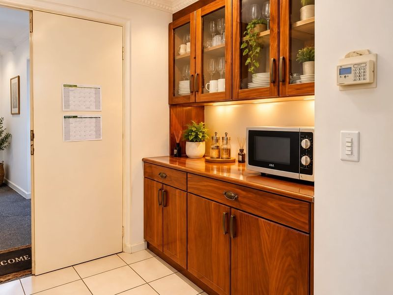 A well-maintained scullery or butler's pantry area featuring custom timber cabinetry, glass display shelving, under-cabinet lighting, and durable tiled flooring.