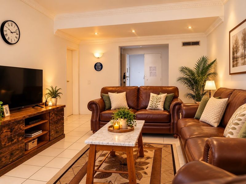 A comfortable and well-lit living room featuring crown molding, recessed downlighting, and neutral ceramic floor tiles.