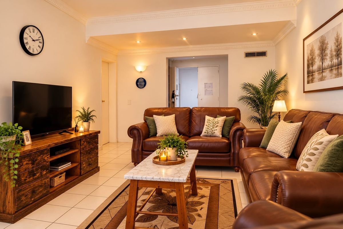 A comfortable and well-lit living room featuring crown molding, recessed downlighting, and neutral ceramic floor tiles.