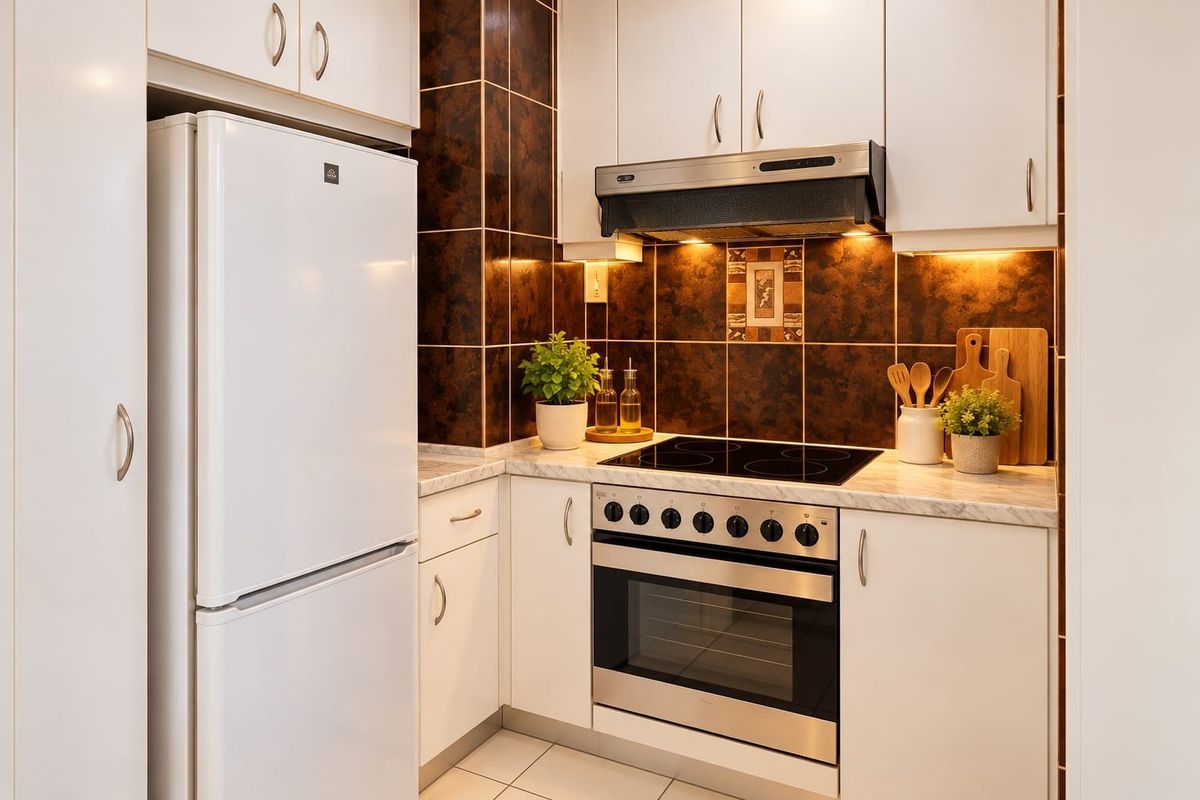 Compact kitchen featuring white cabinetry, marble-look laminate countertops, a built-in oven with electric cooktop, and a dark tiled splashback.