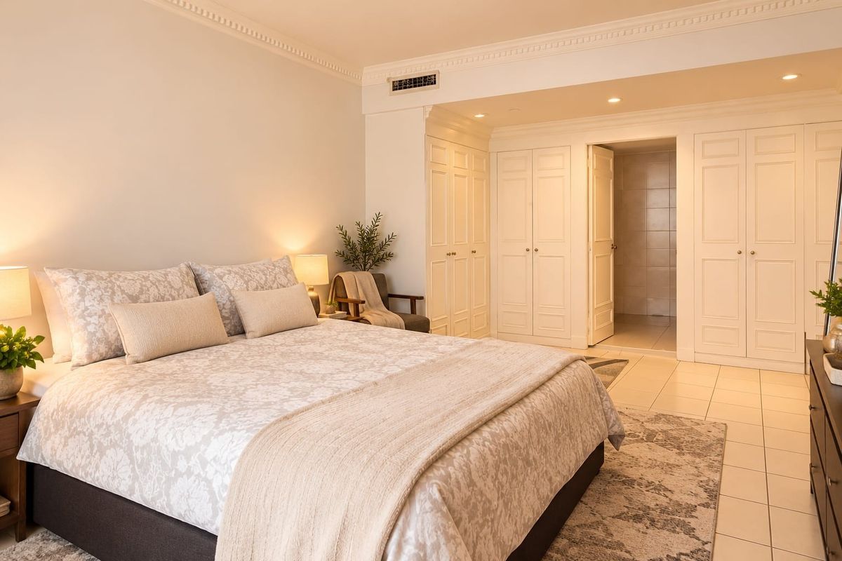 Spacious bedroom featuring built-in wardrobes, crown molding, recessed lighting, and tiled flooring, with direct access to an en-suite bathroom.