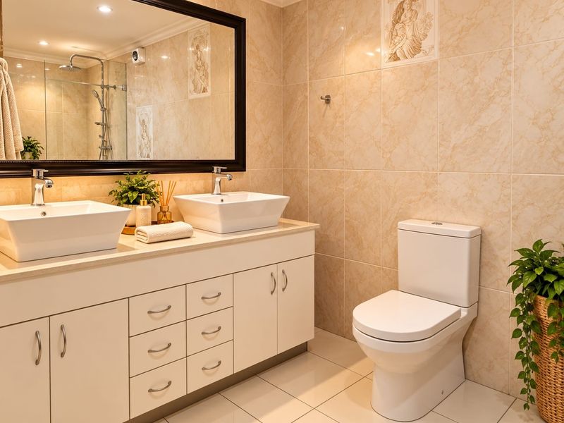 Modern bathroom featuring a double vanity with vessel sinks, a large framed mirror, a toilet, and a glass-enclosed shower with neutral ceramic tiling.