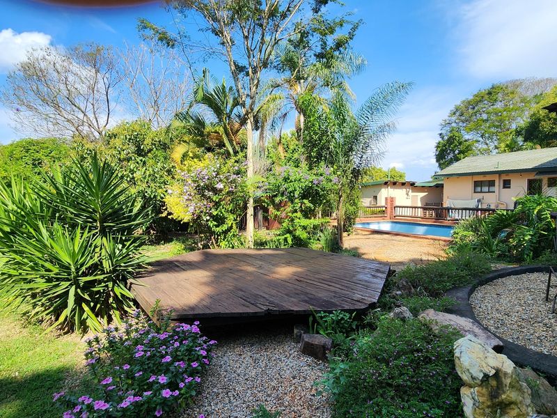 A lush, landscaped garden featuring a swimming pool, a central wooden deck, and established greenery, providing a private outdoor retreat.