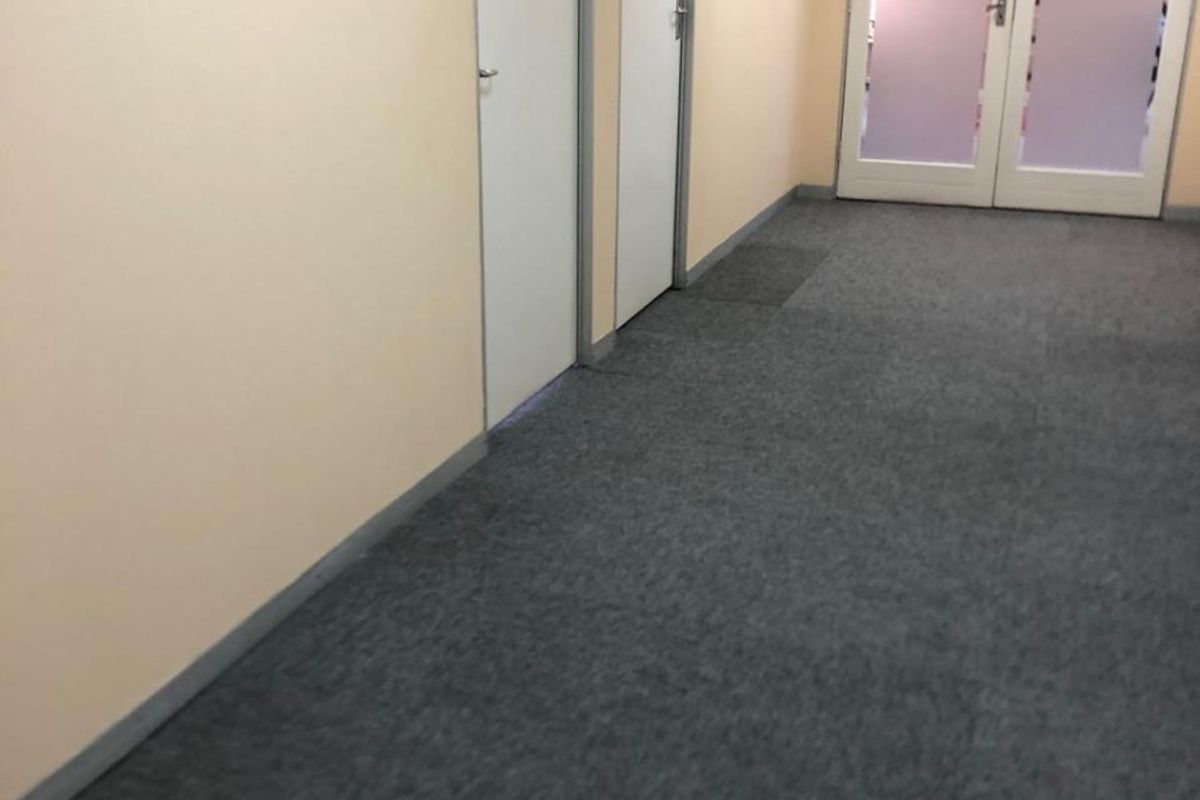 A clean, empty office hallway featuring grey carpet flooring, neutral walls, and glass-panelled double doors leading to an adjacent workspace.
