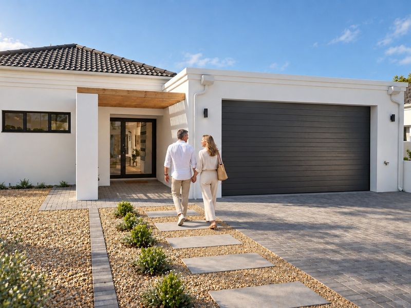 Modern single-story home exterior featuring a clean white facade, dark sectional garage door, timber pergola entrance, and neatly landscaped paved driveway.
