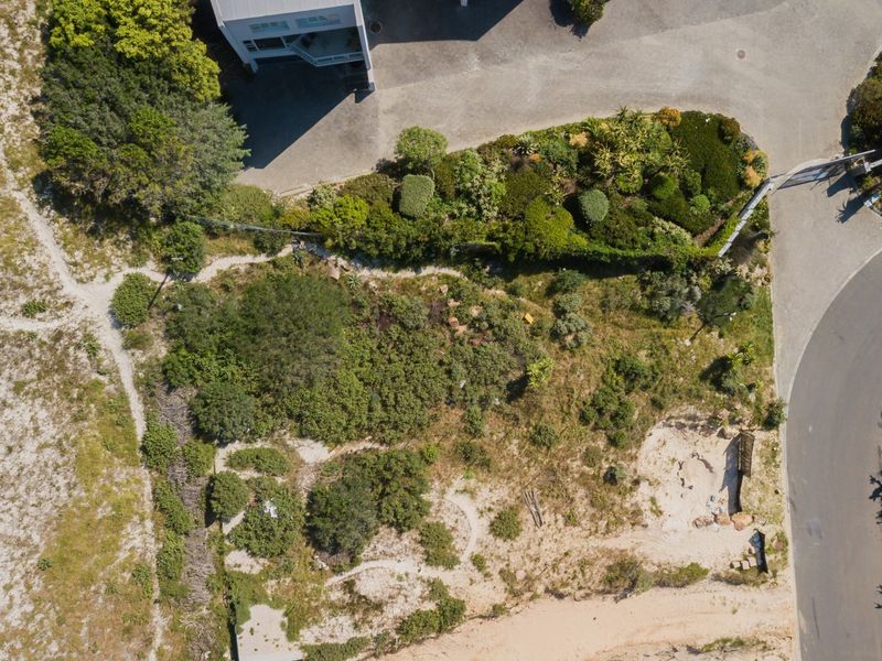 Aerial view of a vacant residential plot featuring established coastal vegetation, sandy terrain, and adjacent paved access road.