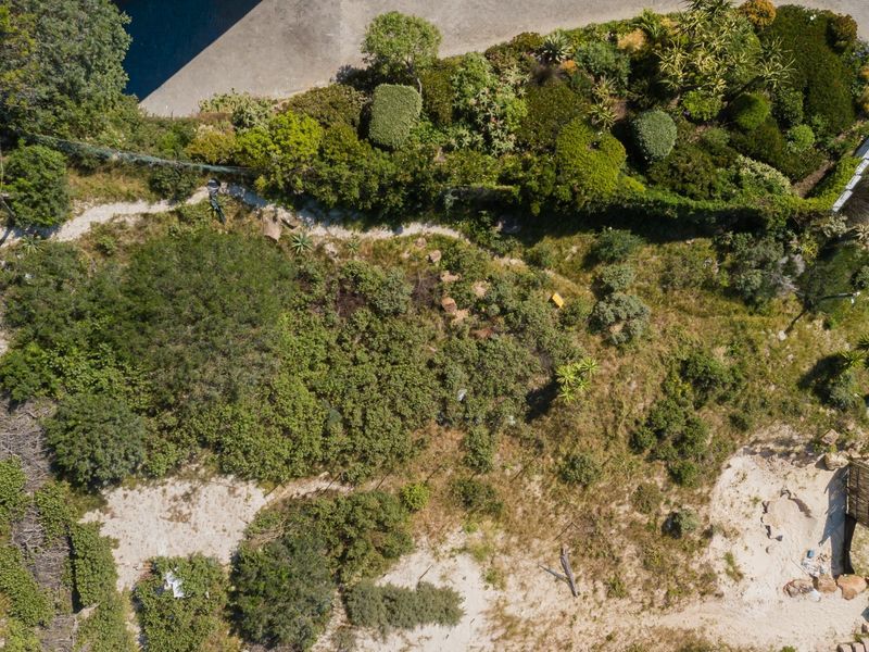 Aerial view of a vacant residential plot featuring established garden vegetation, sandy terrain, and adjacent paved street access.