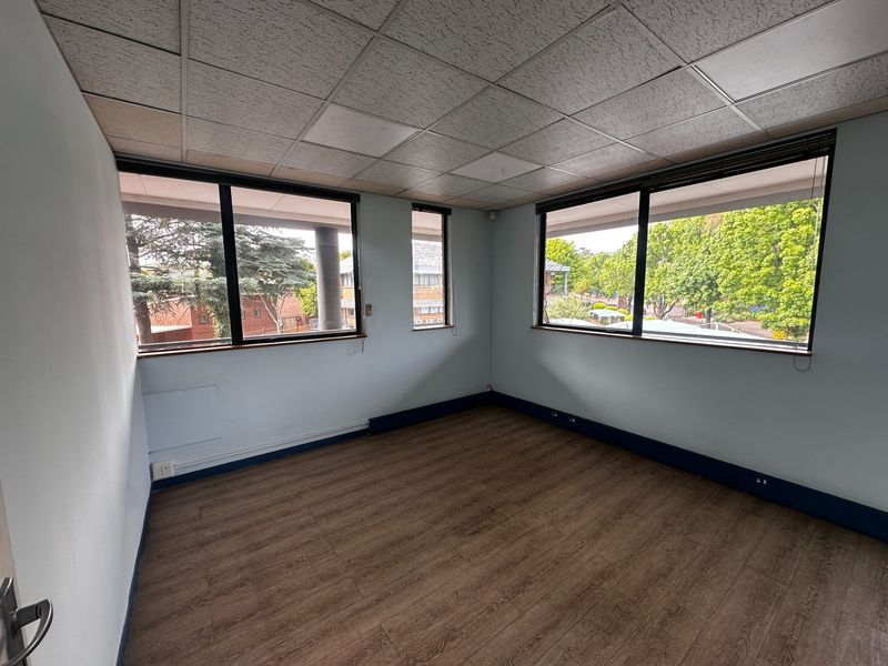 A vacant office space featuring laminate flooring, a suspended ceiling, and large windows providing natural light and exterior views.
