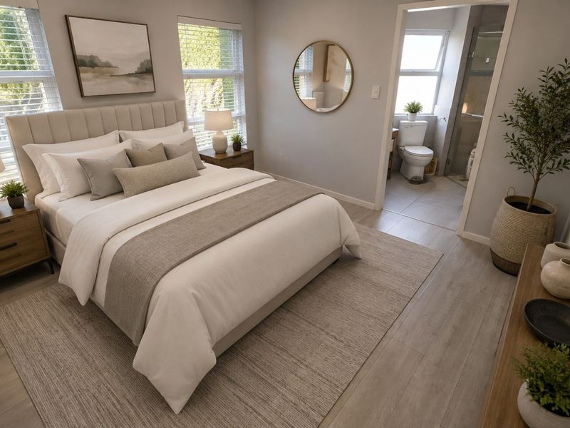 A well-appointed bedroom featuring light laminate flooring, neutral tones, and an adjoining en-suite bathroom with modern fixtures.