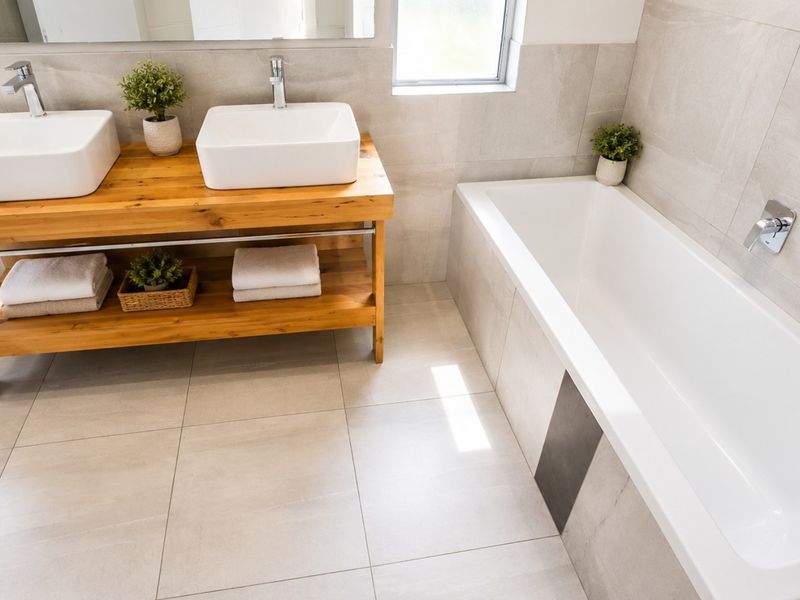 Modern bathroom featuring a double vanity with vessel sinks on a wooden base, a built-in bathtub, and neutral large-format floor and wall tiles.